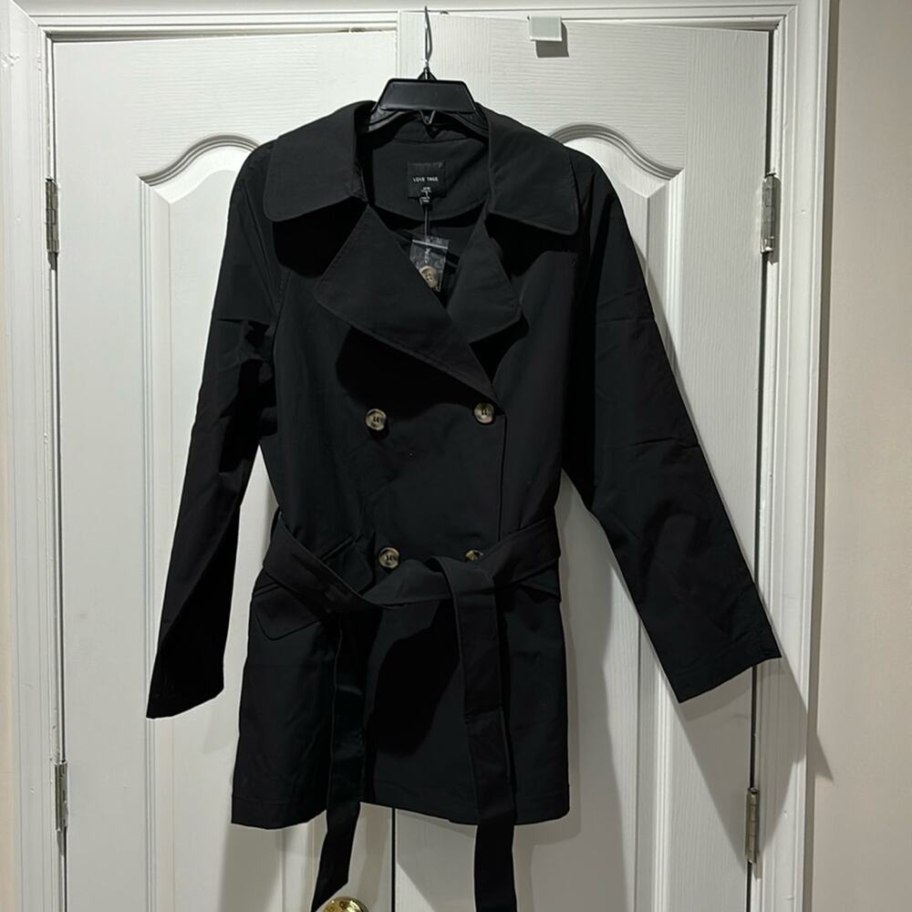 Love Tree Large L black 💯 polyester double breasted rain jacket 3/4 length nwot